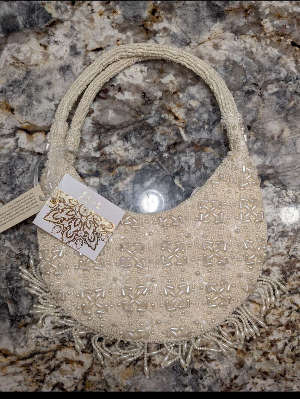 Viral Beaded Made In India Ivory Crescent Shoulder Bag With Fringe- NWT!